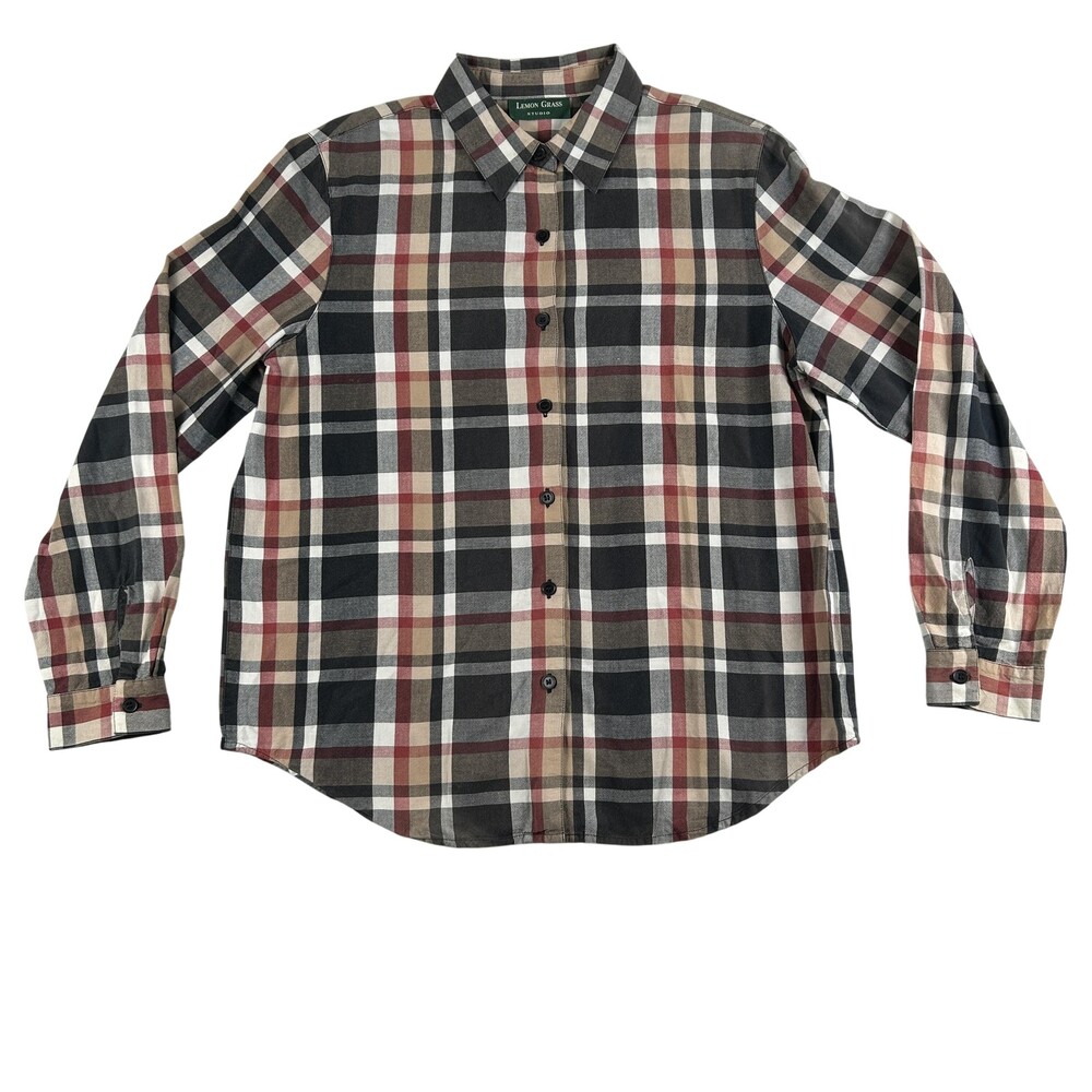 Lemon Grass Studio Shirt Womens Large Black Plaid Cotton Button Up Long Sleeve